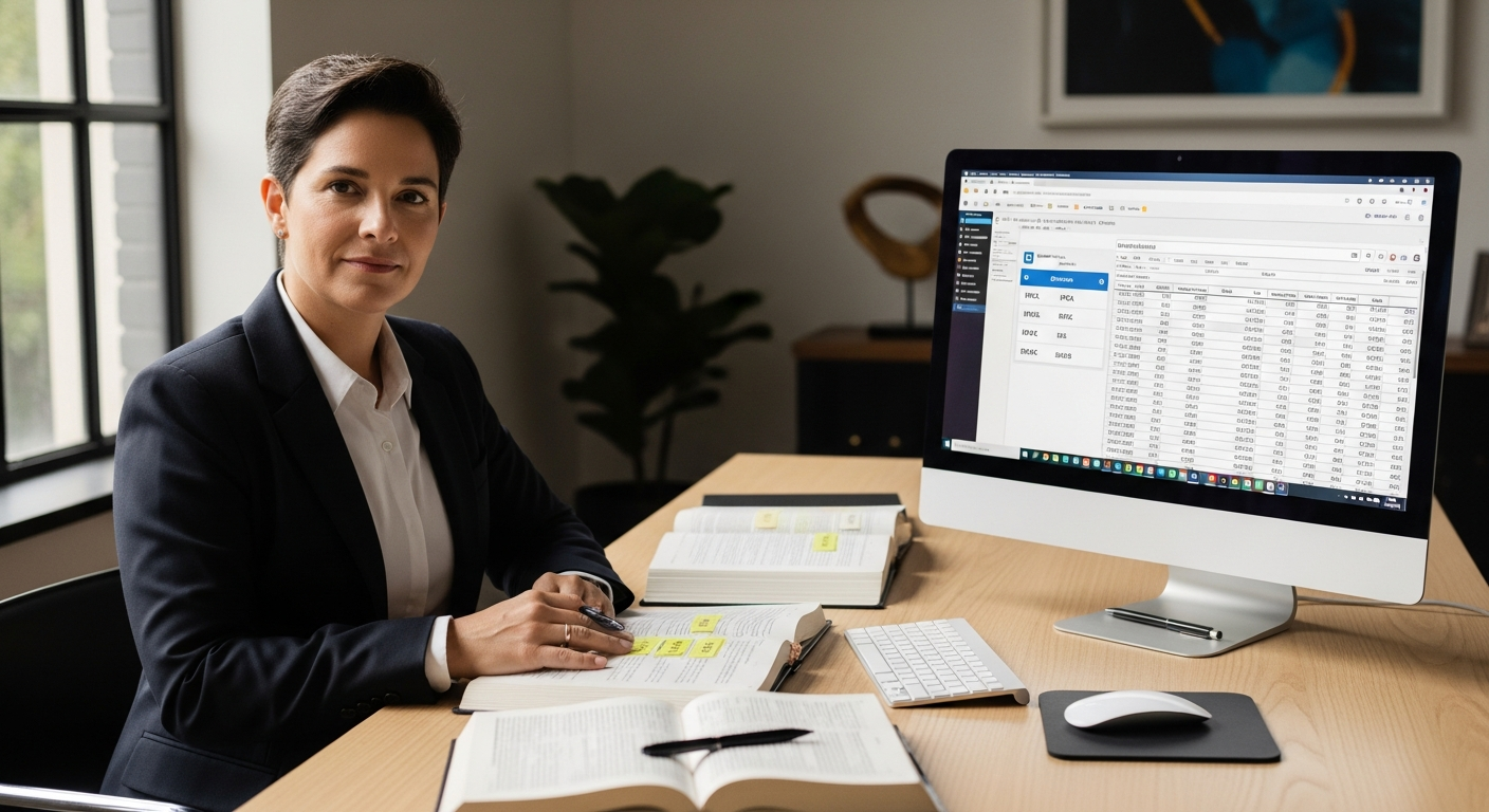 Advogada com documentos e software de cálculo